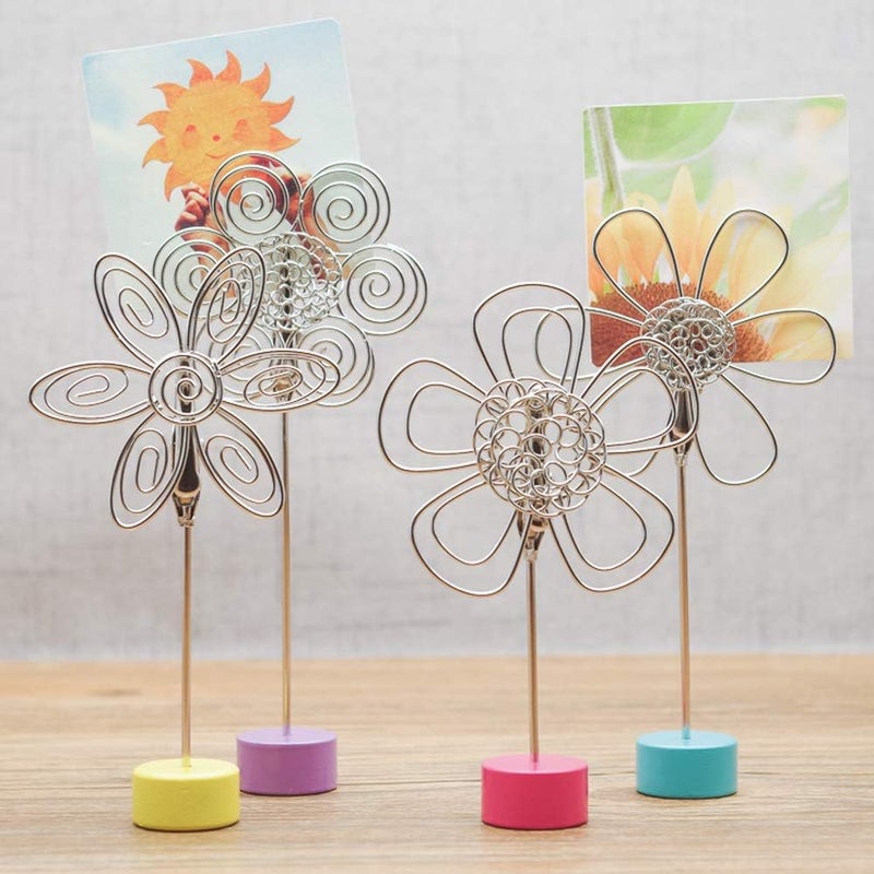 TFu 4 pcs Cute Flower Table Card Memo Holder Stand, Photo Clips Holder Desk Stand for Memo Paper Note Monmory Photo Christmas Wedding Number Card Display with Colorful Metal Base - Image 2